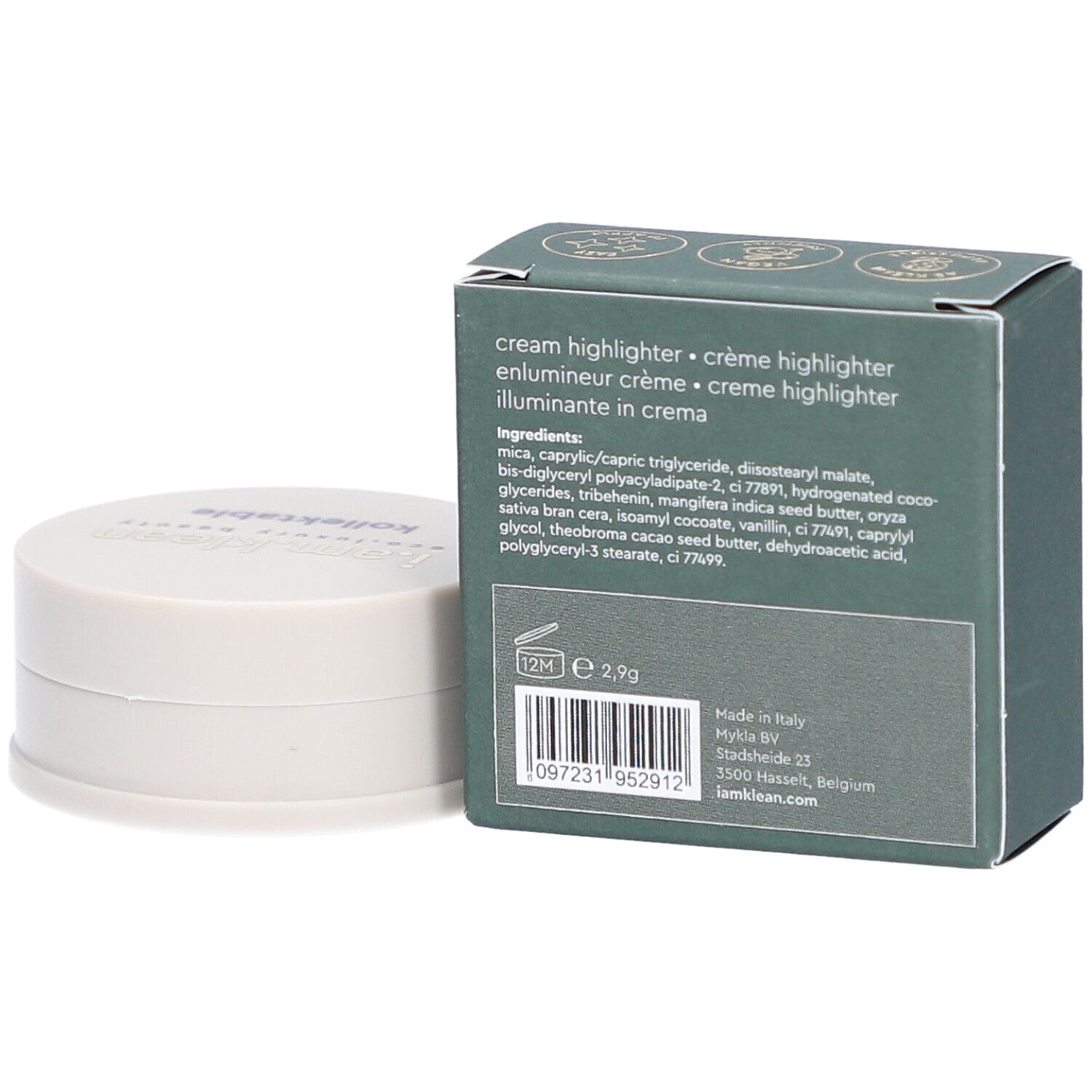 Groene doos en crèmekleurige container. Op de doos staat i.am.klean, kollektable cream highlighter. De container heeft een deksel met tekst.