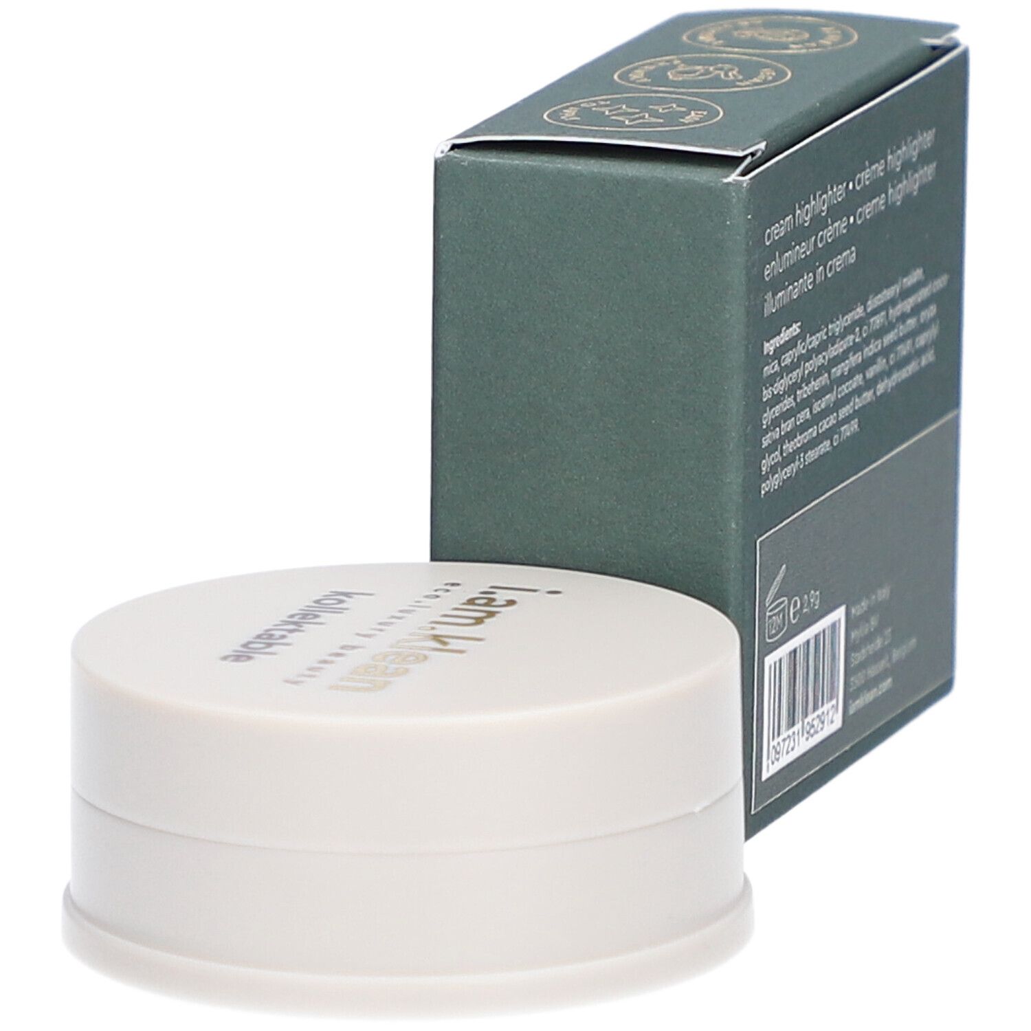 Groene doos en crèmekleurige container. Op de doos staat i.am.klean, kollektable cream highlighter. De container heeft een deksel met tekst.
