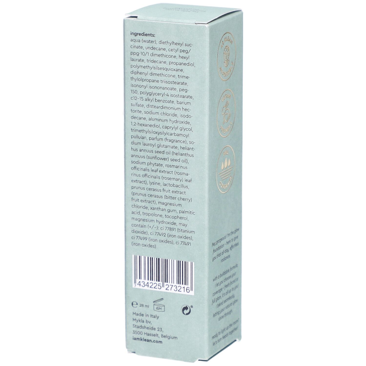 i.am.klean Liquid Glow Foundation Cool 3.0. Lichtgroene verpakking. Ingrediënten en barcode zichtbaar.