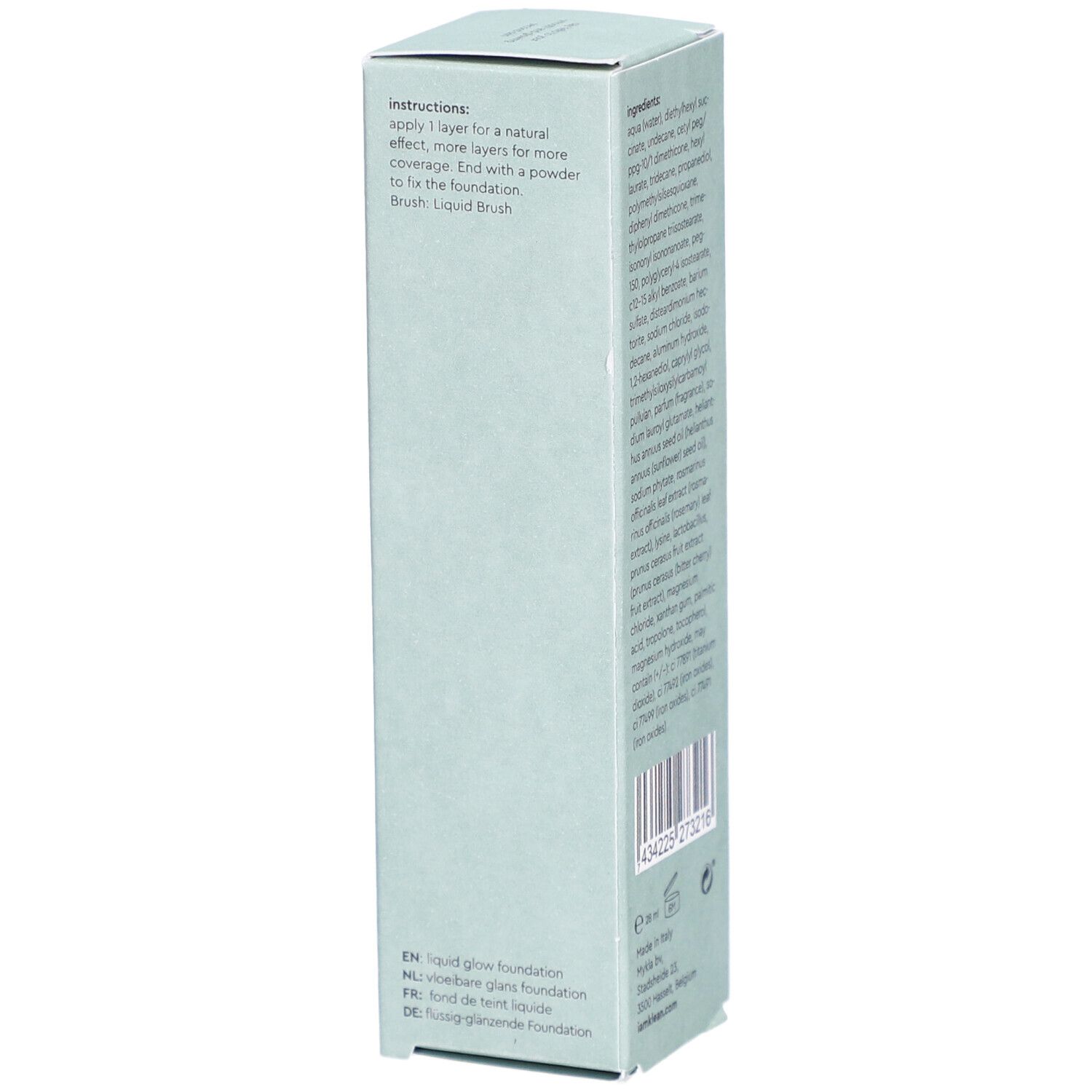 i.am.klean Liquid Glow Foundation Cool 3.0. Lichtgroene verpakking. Instructies en tekst in meerdere talen.