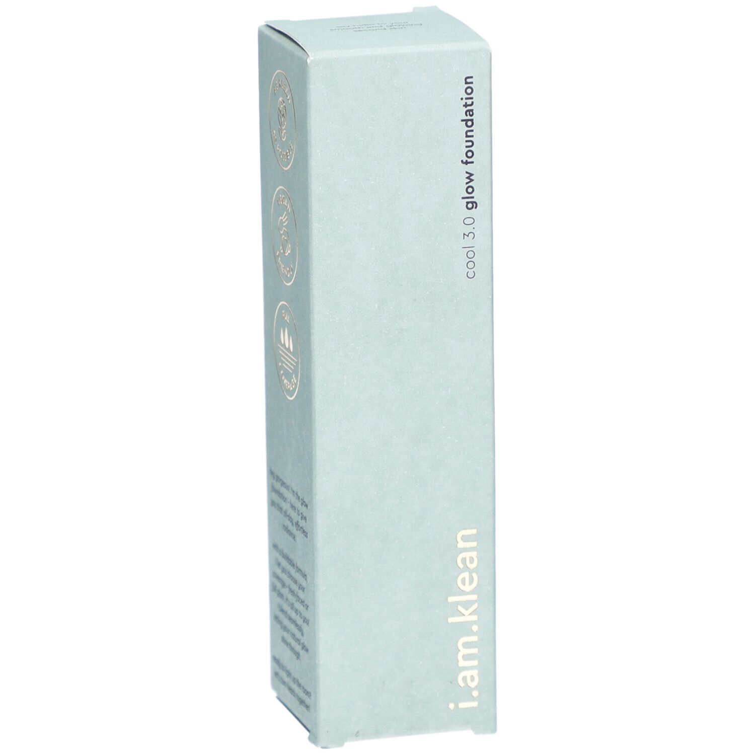 i.am.klean Liquid Glow Foundation Cool 3.0. Lichtgroene verpakking. Merk en logo's zichtbaar.