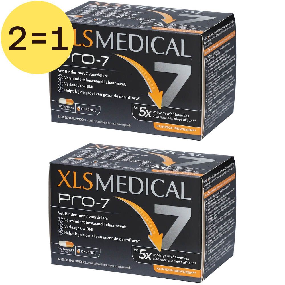 Deux boîtes XLS Medical Pro-7. Boîtes noires avec texte blanc et un 7 jaune. Inscription : 2=1.