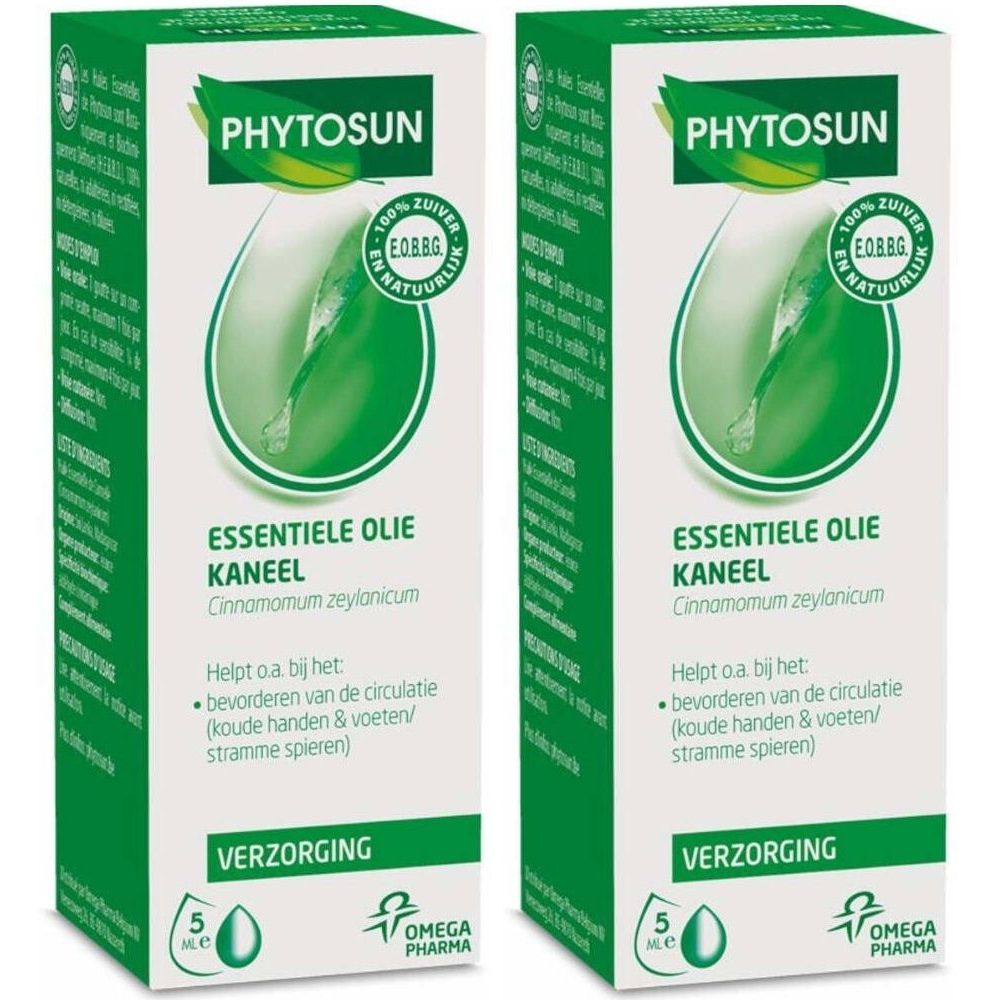 Twee groene verpakkingen met productnaam en logo. Tekst: Essentiele Olie Kaneel. Met 5 ml-aanduiding en Omega Pharma-logo.