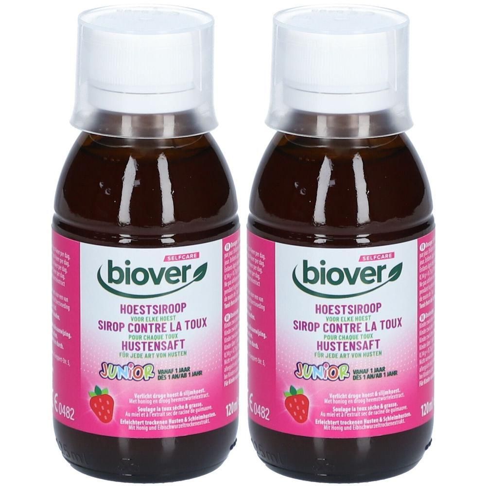 Twee flessen hoestsiroop. Opschrift: Biover, Hoestsiroop, Sirop Contre la Toux, Hustensaft Junior. Aardbei-illustratie.