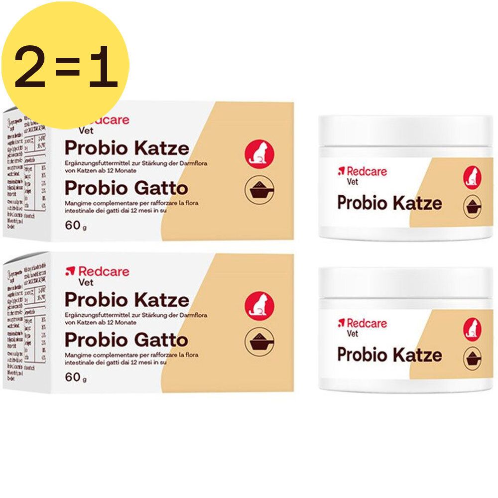 Twee dozen en twee potten Redcare Vet Probio Katze. Opschrift: 2=1 GRATIS.