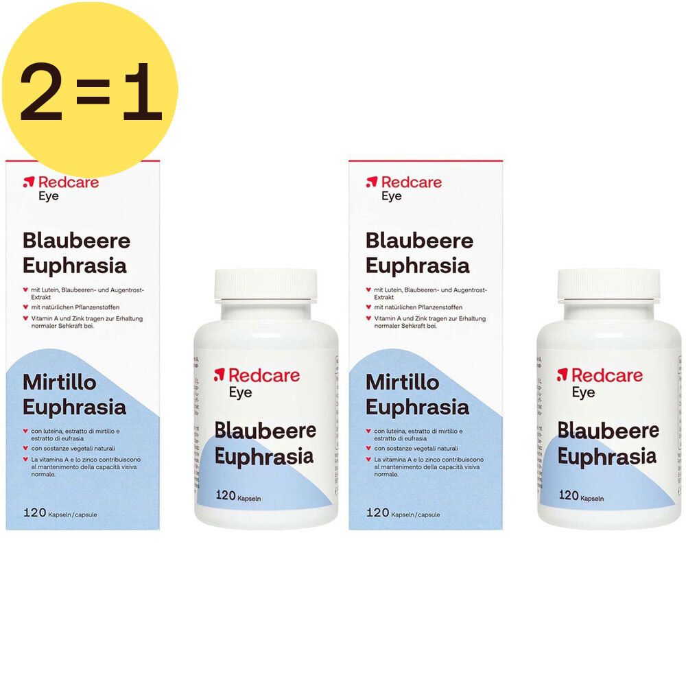 Trois flacons et deux boîtes Redcare Eye Myrtille Euphraise 2 pour 1. Inscription : 120 gélules.