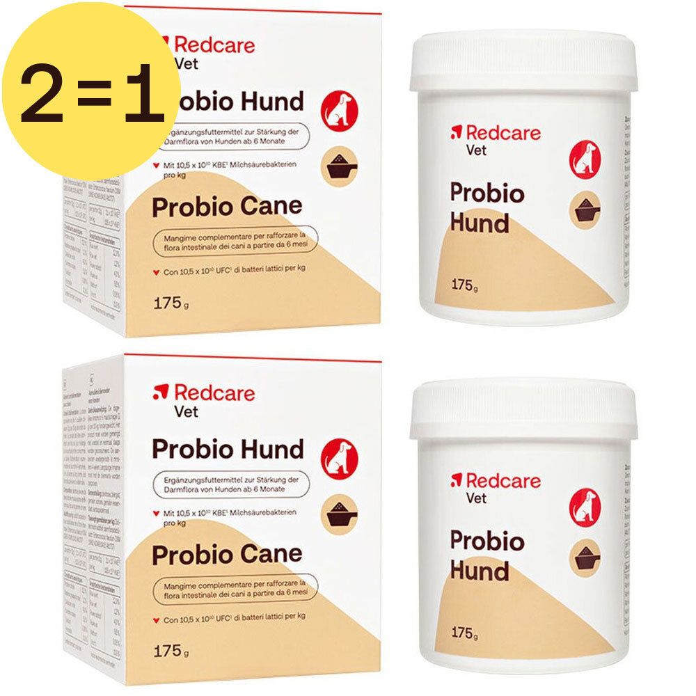 Twee dozen en twee potten Redcare Vet Probio voor Honden. Op de dozen staat "2=1 GRATIS". Op de potten staat "Probio Hund".