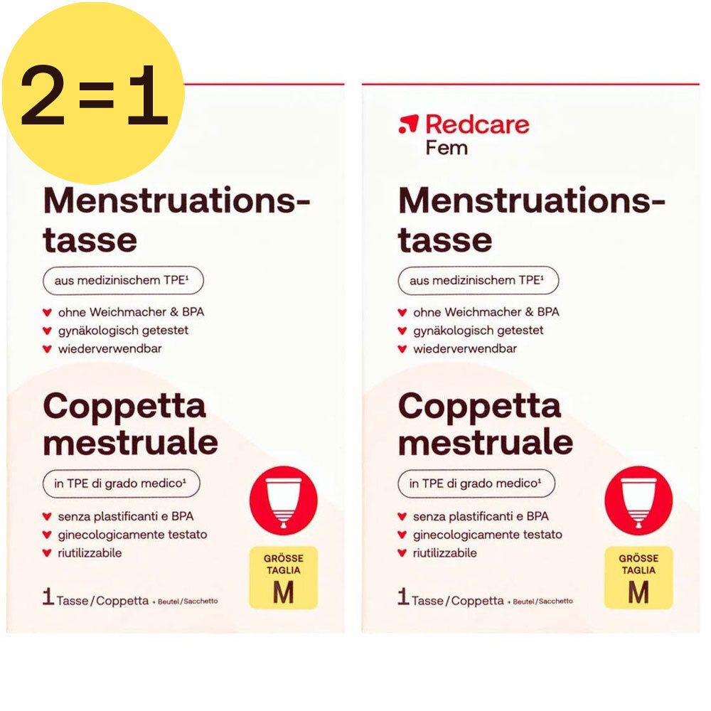 Twee verpakkingen Redcare Fem menstruatiecup. Opschrift 2=1. Maat M. Medisch TPE.
