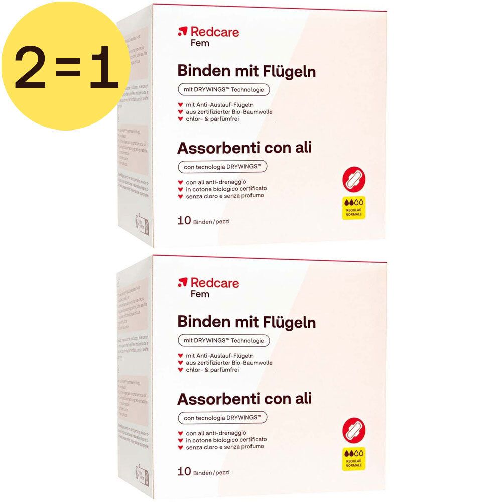 Twee pakken maandverband met vleugels. Opschrift: Redcare Fem, Binden mit Flügeln, 10 stuks. 2=1 aanbieding.