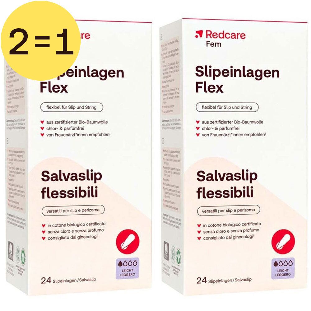 Deux boîtes de protège-slips Flex, 24 unités, avec logo et nom du produit. Offre 2=1.