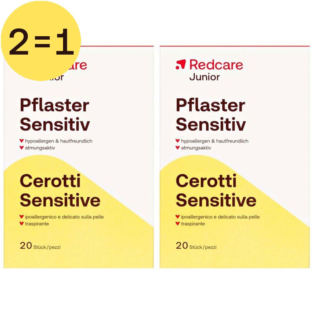Deux boîtes de pansements Redcare Junior Sensibles. Hypoallergéniques, respirants. 20 pièces par boîte.