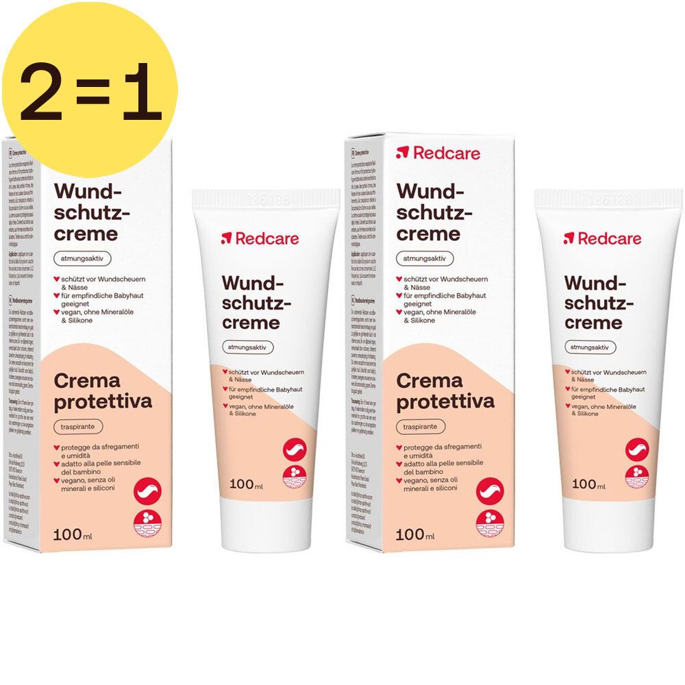 Deux tubes et deux étuis Redcare Crème protectrice. Inscription: 2=1, Crème protectrice, 100ml.