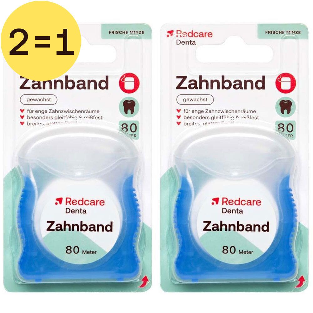 Deux paquets de fil dentaire Redcare Denta, 80 mètres chacun, support bleu. Inscription : Menthe fraîche.