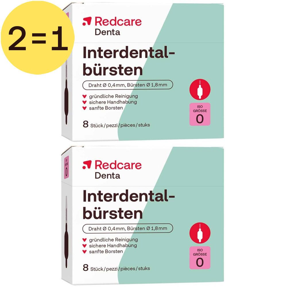 Twee verpakkingen Redcare Denta interdentale borstels, ISO 0, 8 stuks. 2=1 actie.