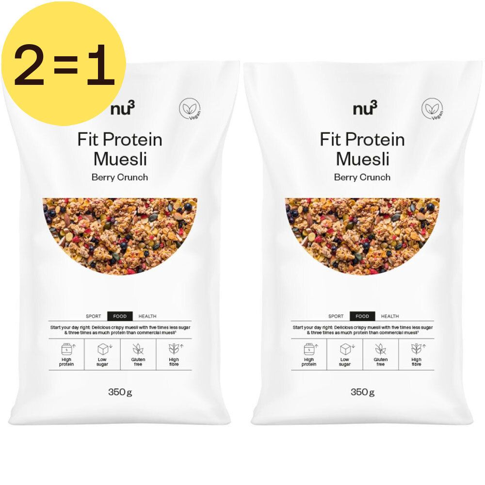 Deux paquets de nu3 Fit Protein Muesli Berry Crunch. Inscription 2=1. Emballage blanc avec image du produit et logo.