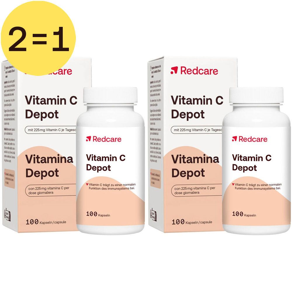 Deux boîtes de Redcare Vitamine C Depot, bouteilles et boîtes. Inscription : Vitamine C Depot, 100 gélules.