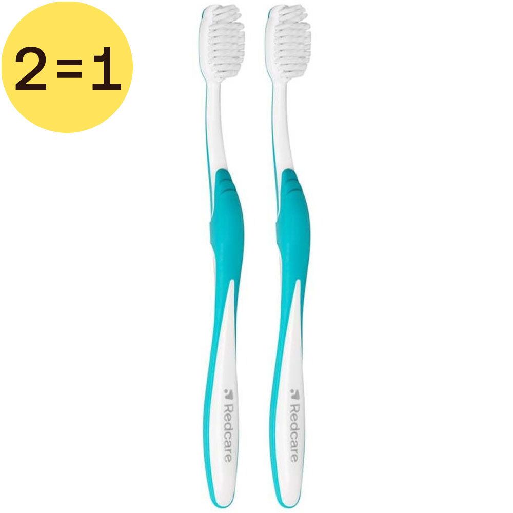 Twee tandenborstels met blauw-witte handgreep. "Redcare" op handgreep. "2=1" op gele cirkel.