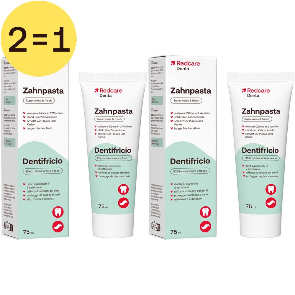 Tubes en verpakkingen tandpasta. Opschrift: Redcare Denta, tandpasta, 2+1 gratis. 75 ml.