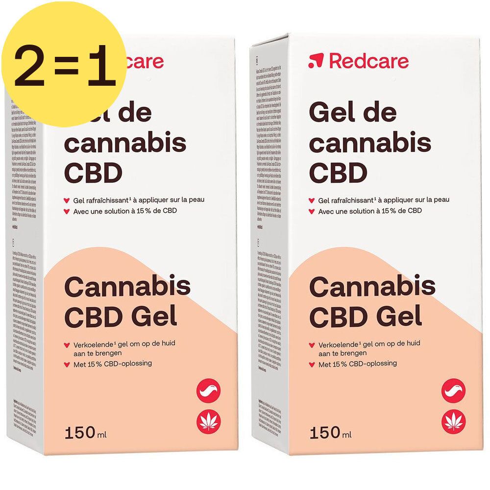 Twee dozen Redcare Cannabis CBD Gel. Opschrift: 2=1 GRATIS. 150ml. Met 15% CBD-oplossing.