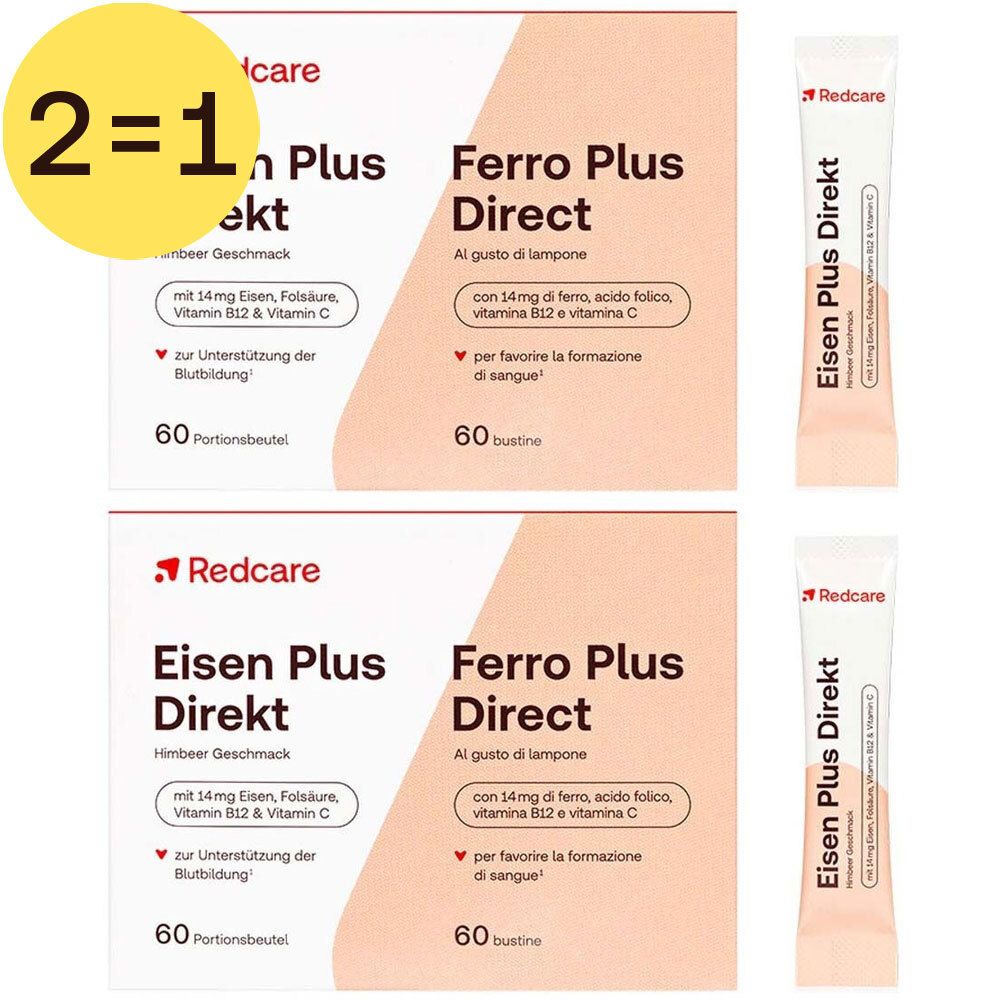 Twee verpakkingen Redcare IJzer Plus Direct, frambozensmaak, met 60 portiezakjes. Gratis actie.