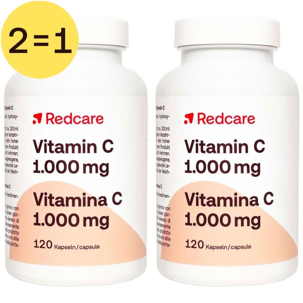Twee flessen Redcare Vitamine C 1.000 mg. Eén fles toont "2=1".