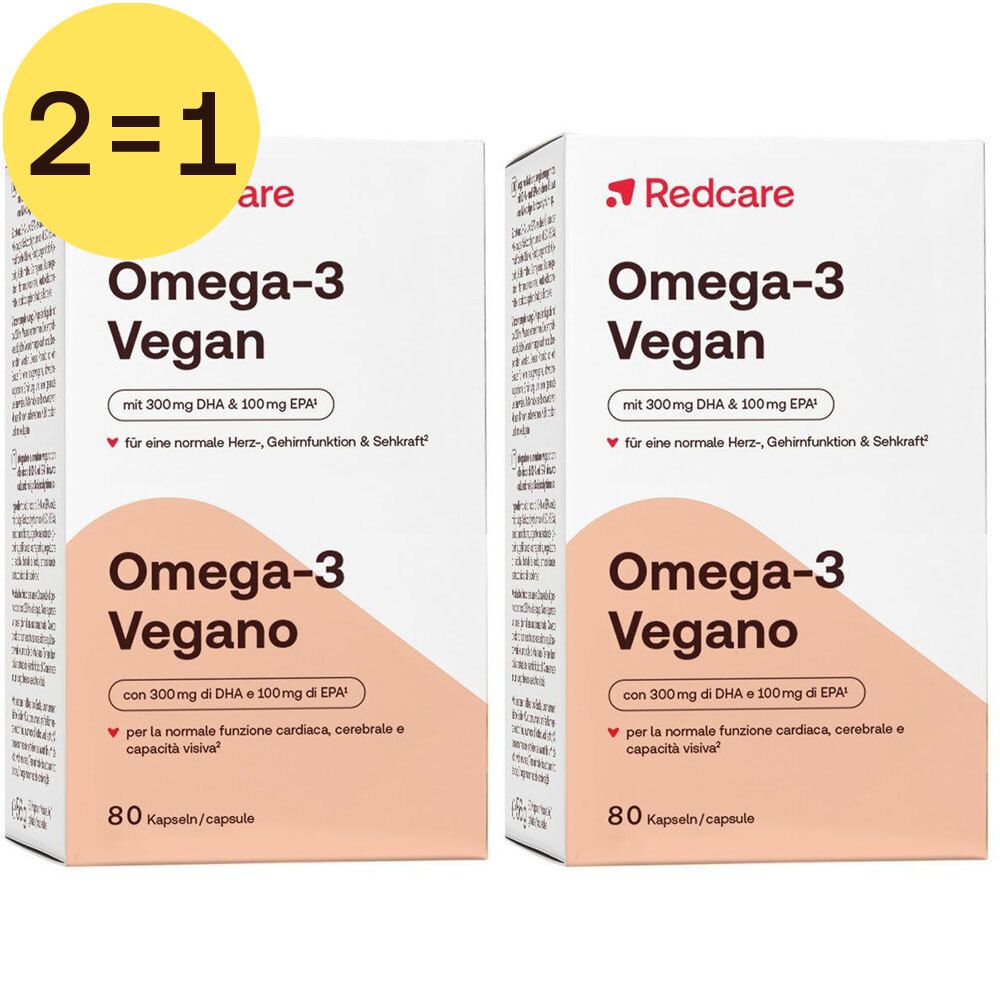Deux boîtes de Redcare Oméga-3 Vegan. Inscription : Oméga-3 Vegan, 80 gélules. Offre 2=1.