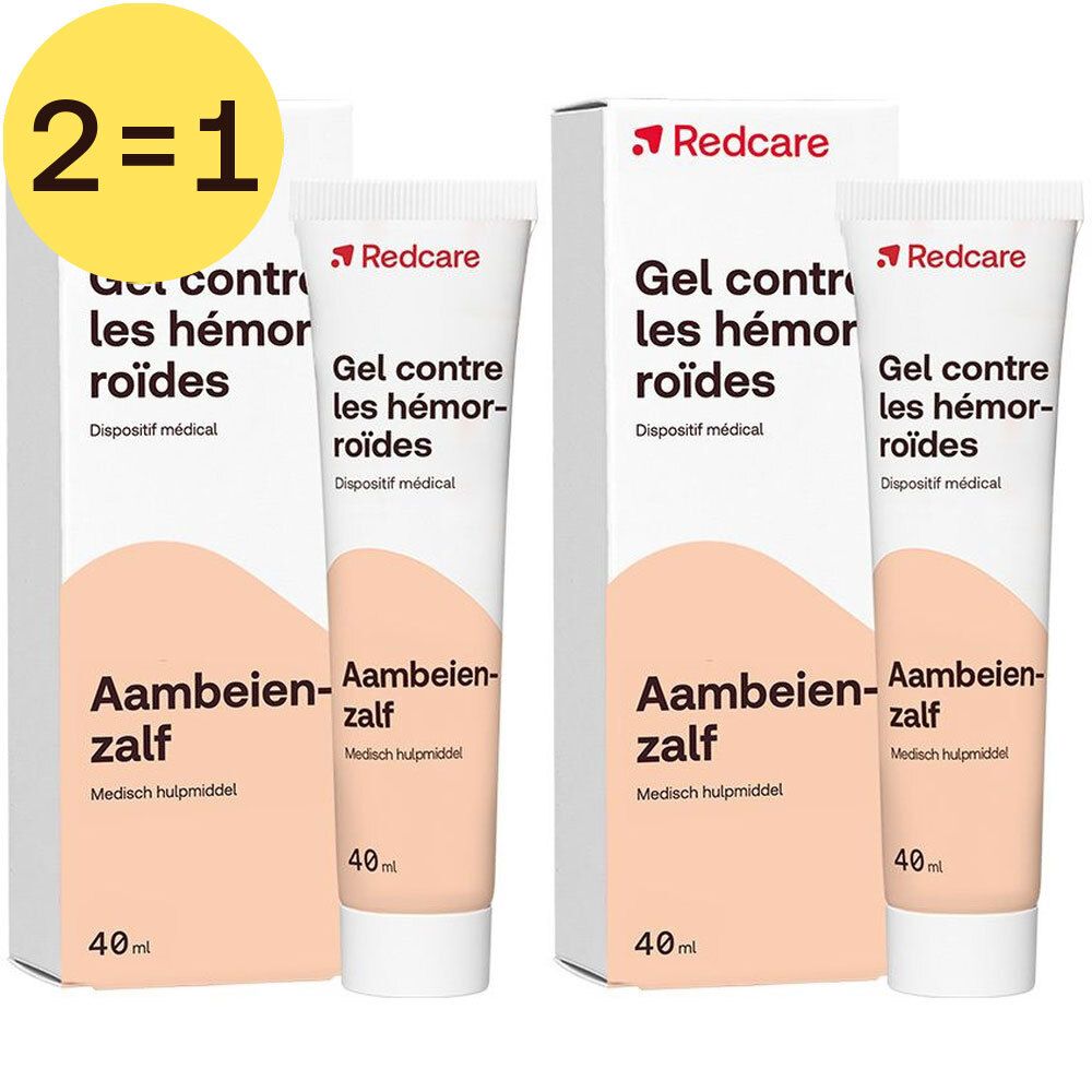 Twee tubes en twee dozen Redcare gel tegen aambeien. Opschrift: 2=1.