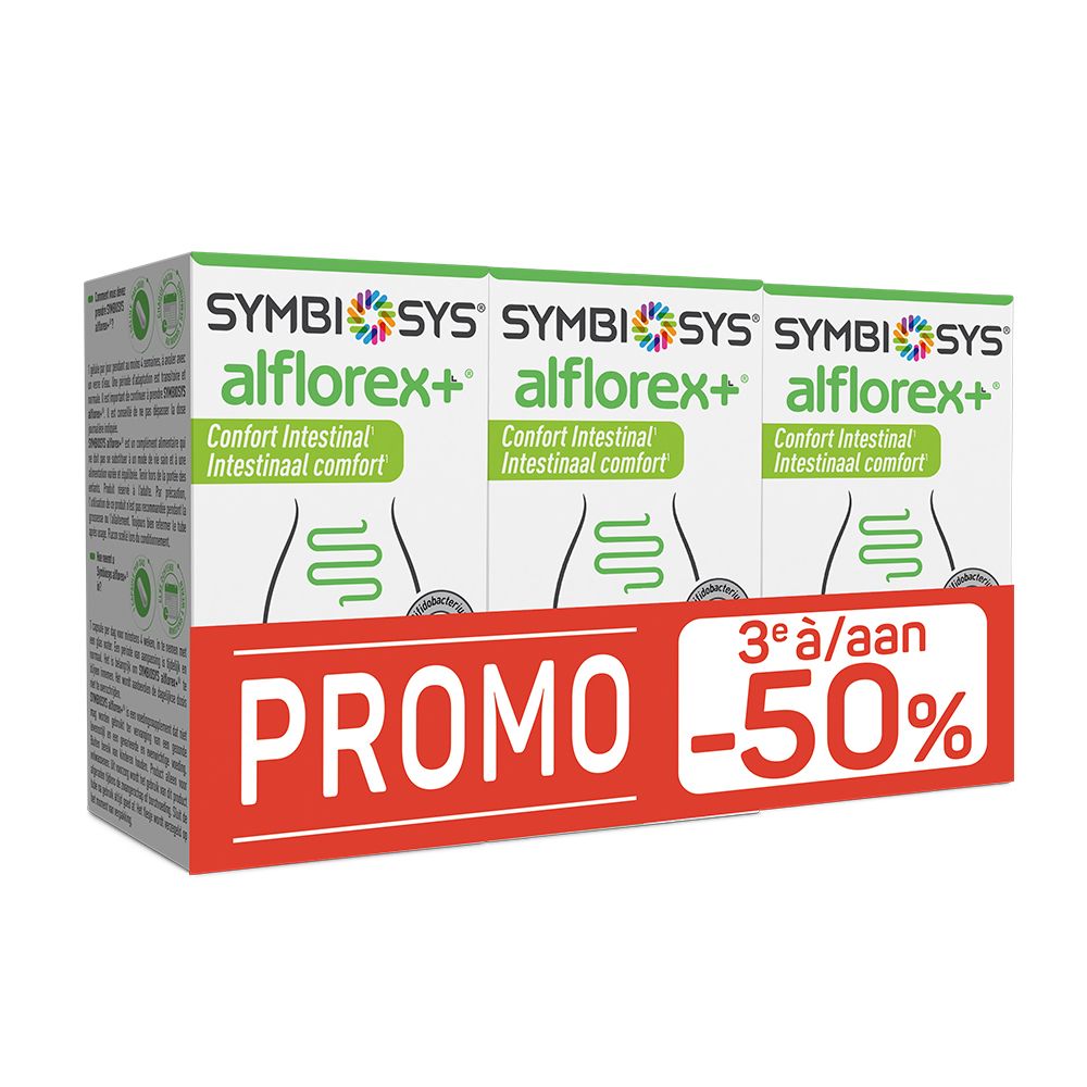 SYMBIOSYS alflorex+ verpakking met promo. 3-pack met -50% korting.