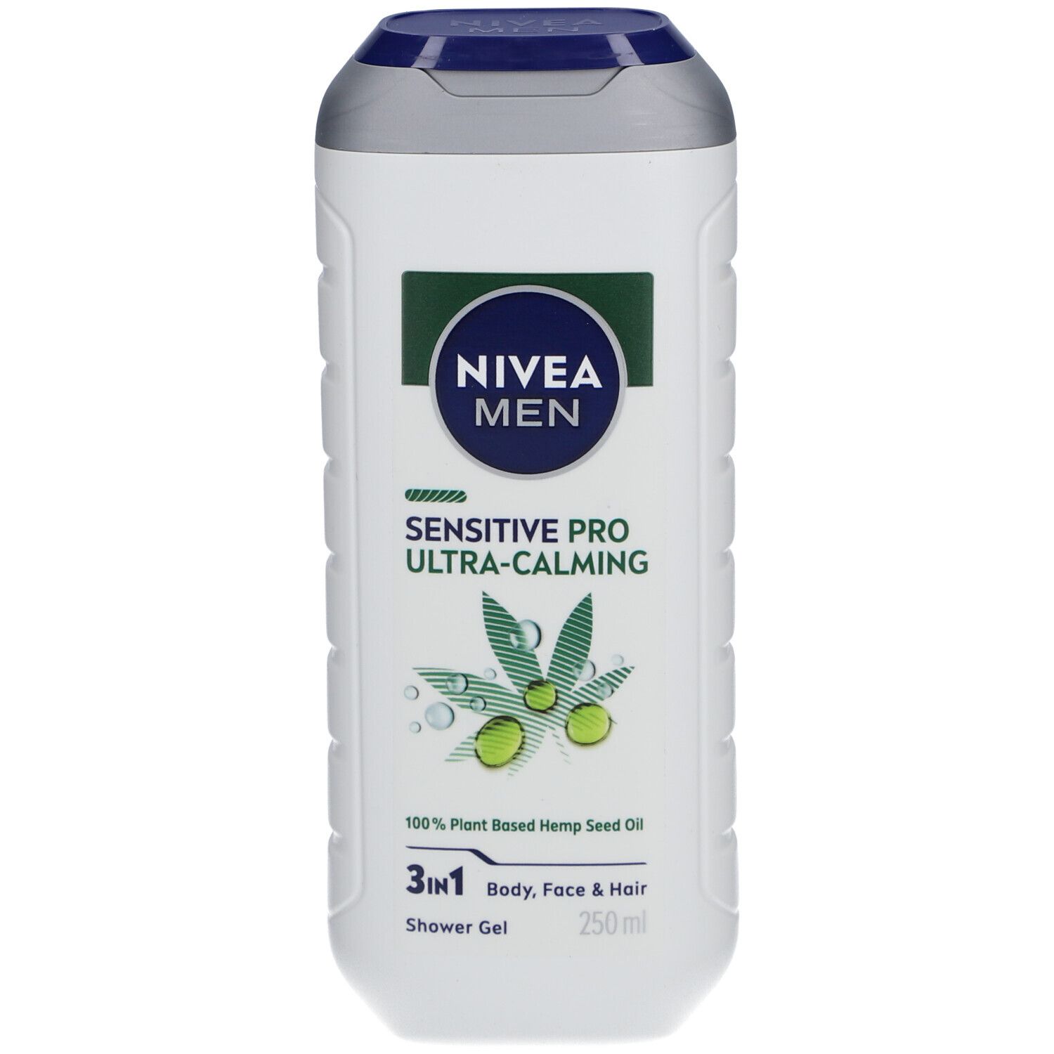 Flacon de gel douche blanc avec bouchon bleu. Logo NIVEA MEN, inscription Sensitive Pro Ultra-Calming. Formule 3en1.