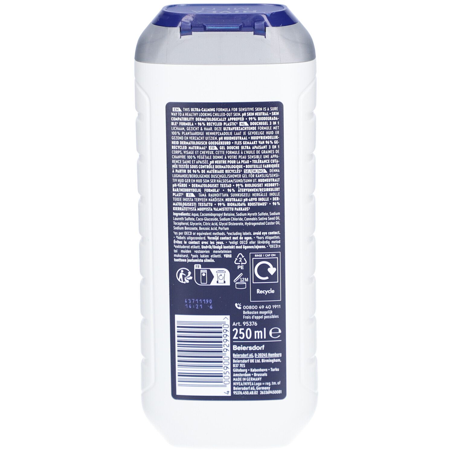 Dos du flacon de gel douche. Informations textuelles, ingrédients, symbole de recyclage, code-barres, 250 ml.