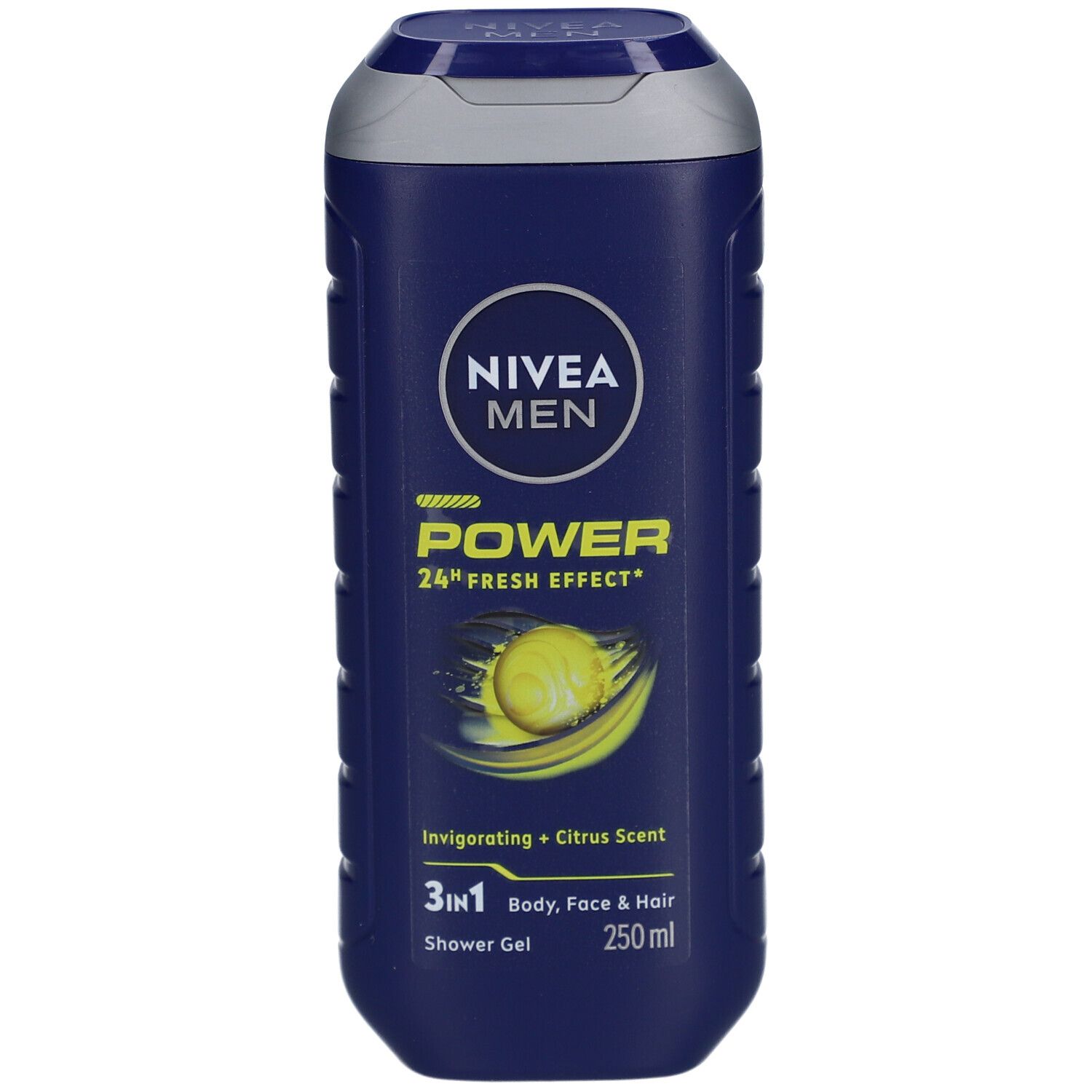 Blauw-grijze fles Nivea Men Power Refresh douchegel. Gele afbeelding, tekst 'POWER'. 3-in-1 voor lichaam, gezicht & haar.