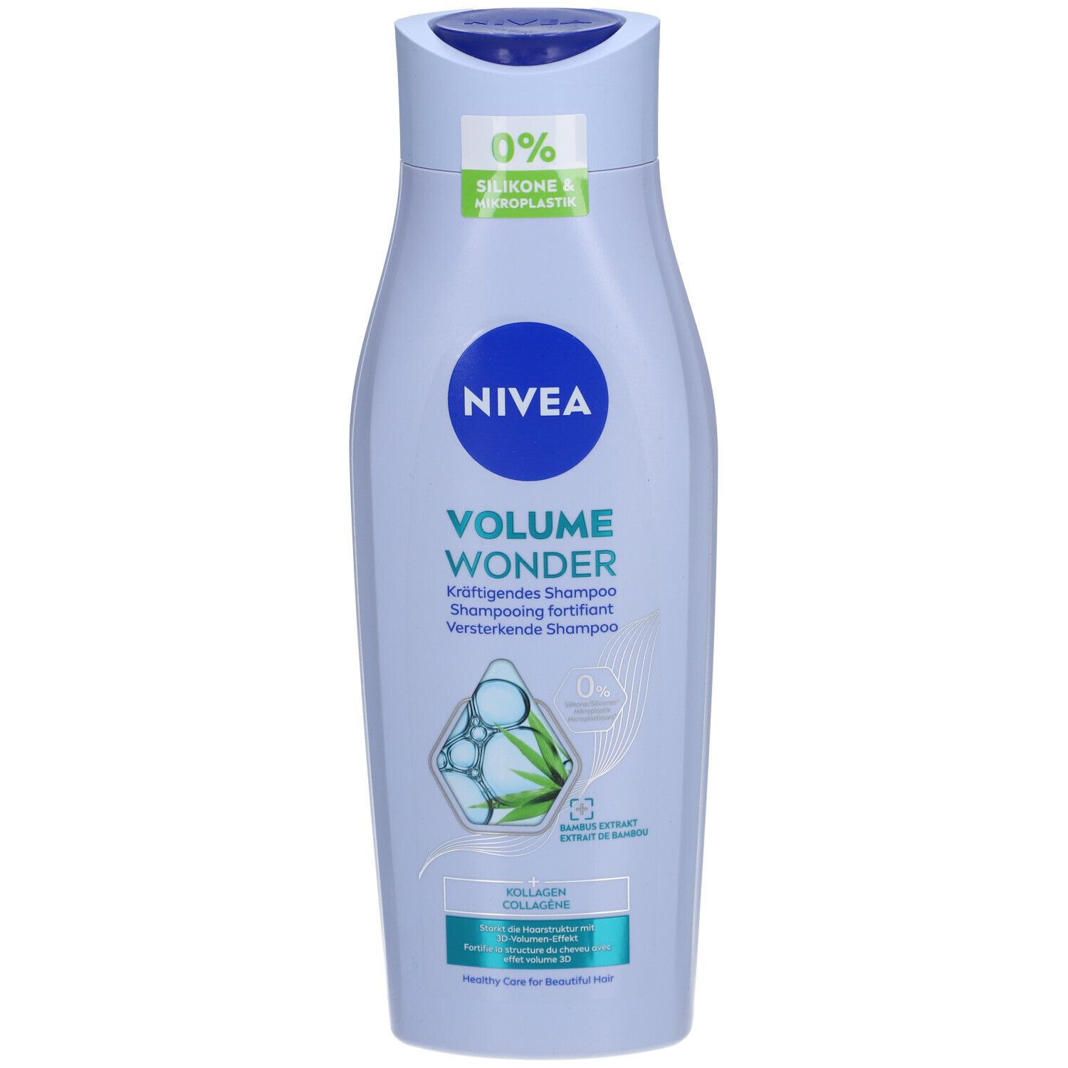 Lichtblauwe shampoo fles met blauwe dop. Nivea logo en 'Volume Wonder'. Bevat bamboe-extract.