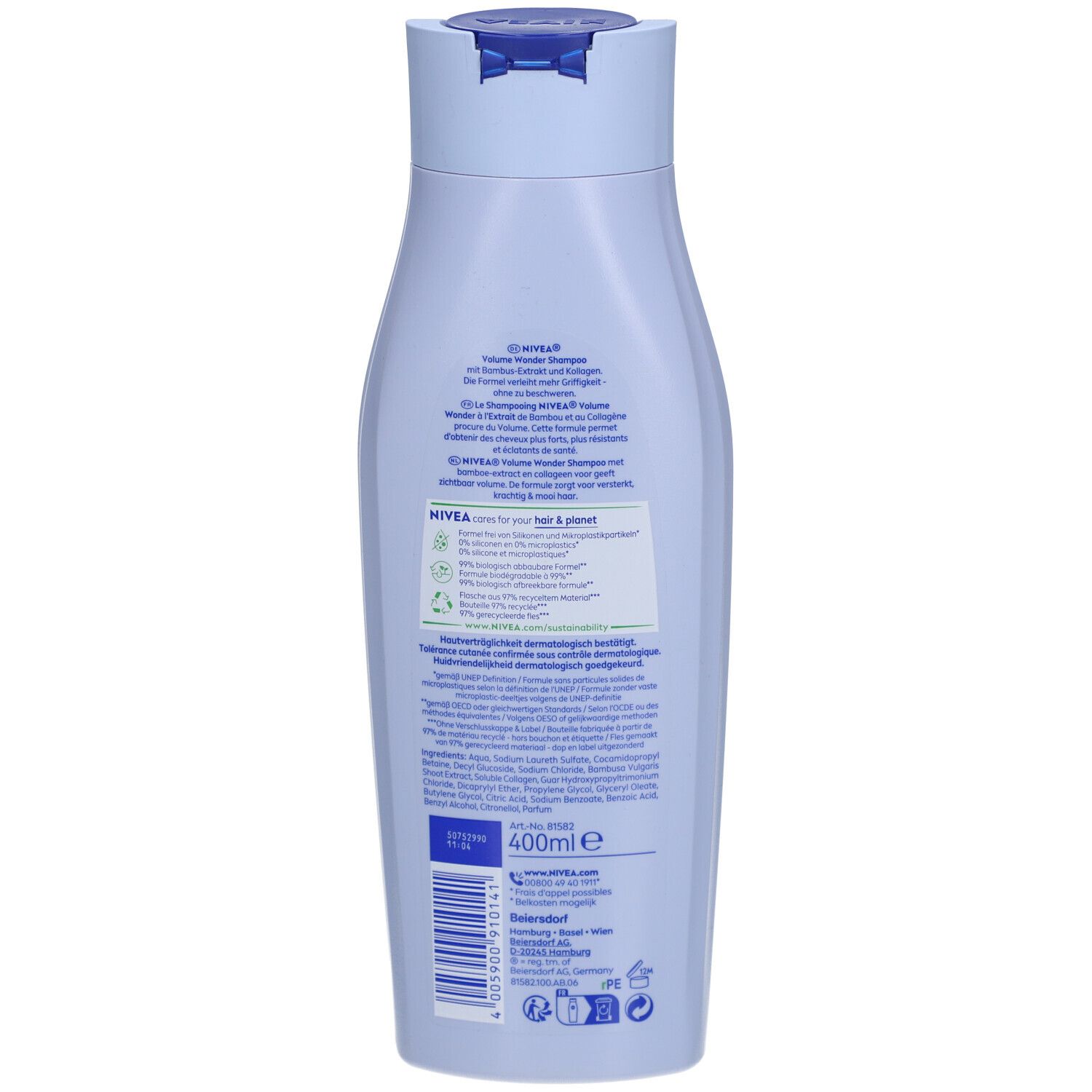Achterkant van een lichtblauwe shampoo fles. Tekstinformatie en ingrediënten. 400ml indicatie.