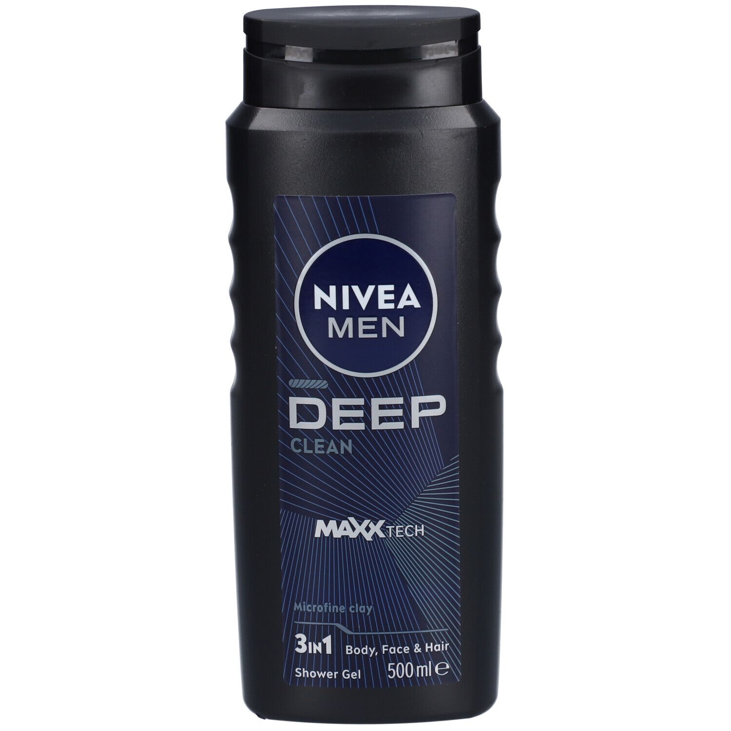 Donkerblauwe fles NIVEA Men Deep Clean douchegel. 3-in-1 voor lichaam, gezicht en haar. Met MaxxTech.