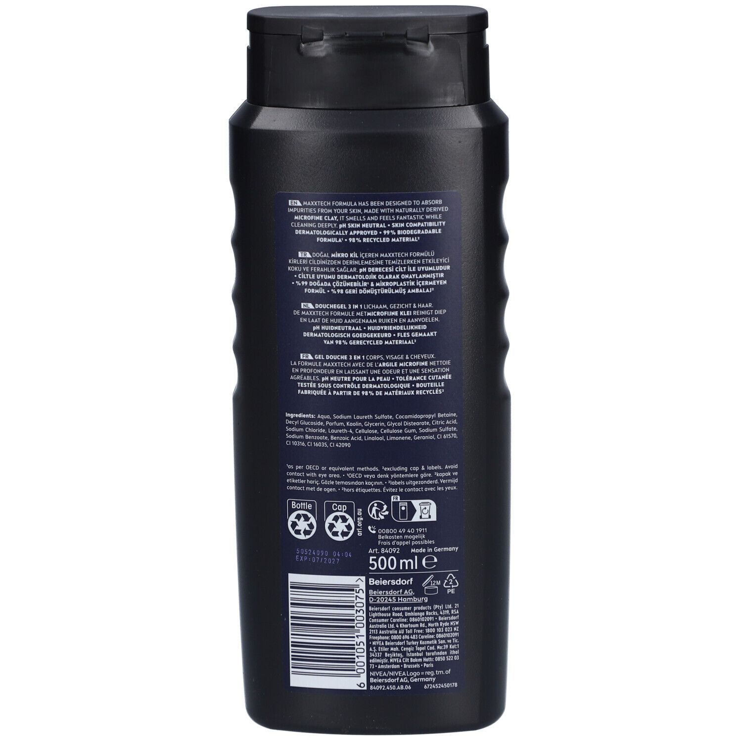 Achterkant van de donkerblauwe fles NIVEA Men Deep Clean. Bevat informatie en ingrediënten. 500 ml.