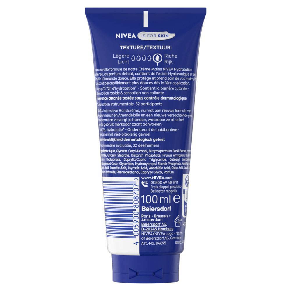 Arrière du tube de crème pour les mains Nivea avec informations sur la texture et ingrédients.