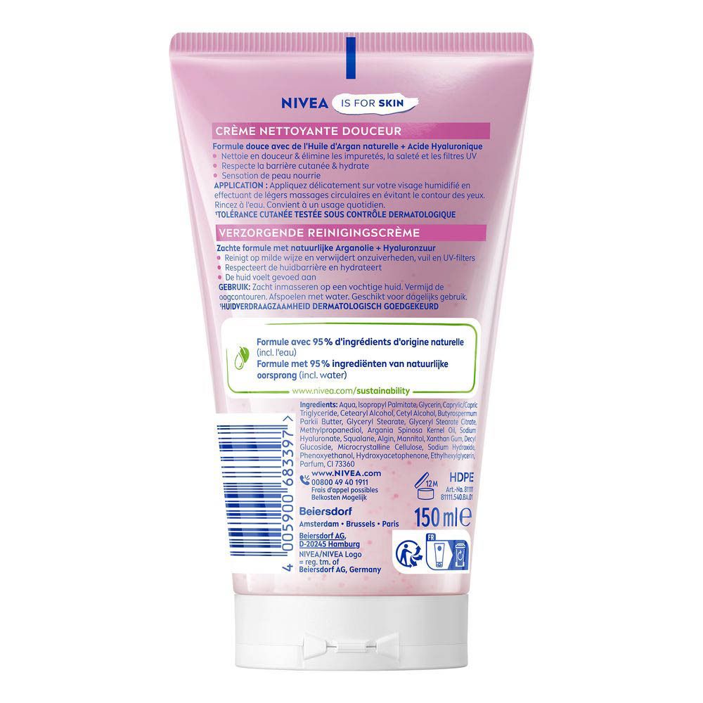 Achterkant van de NIVEA Reinigingscrème met ingrediëntenlijst en instructies.