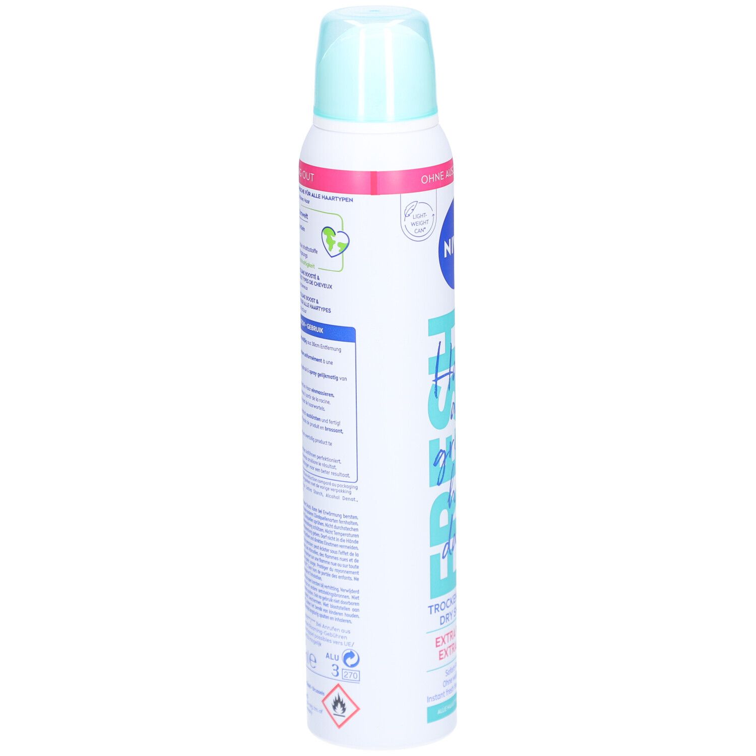 Bombe de shampooing sec. Dos avec texte et logos. Blanc, bleu et rose. Logo Nivea.