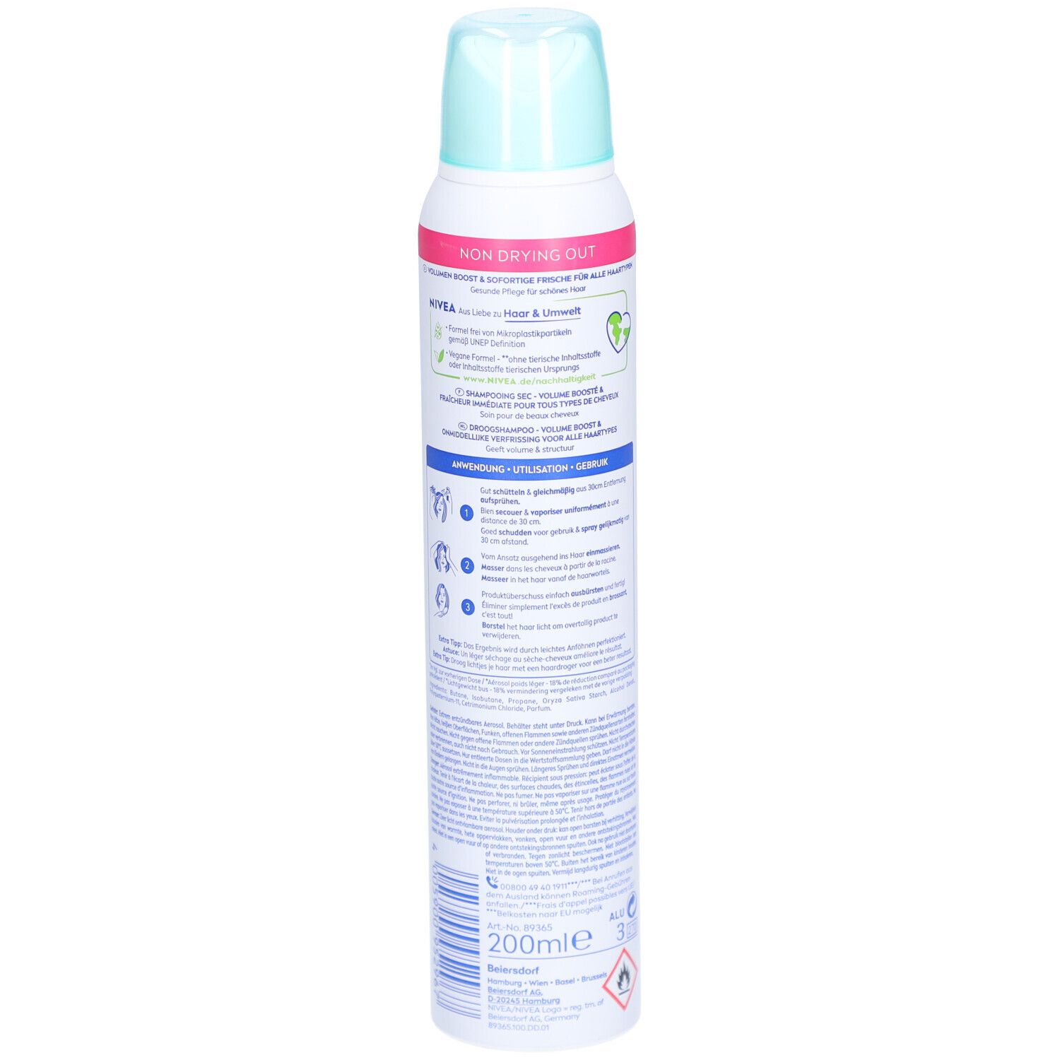 Bombe de shampooing sec. Dos avec texte et logos. Blanc, bleu et rose. Logo Nivea.