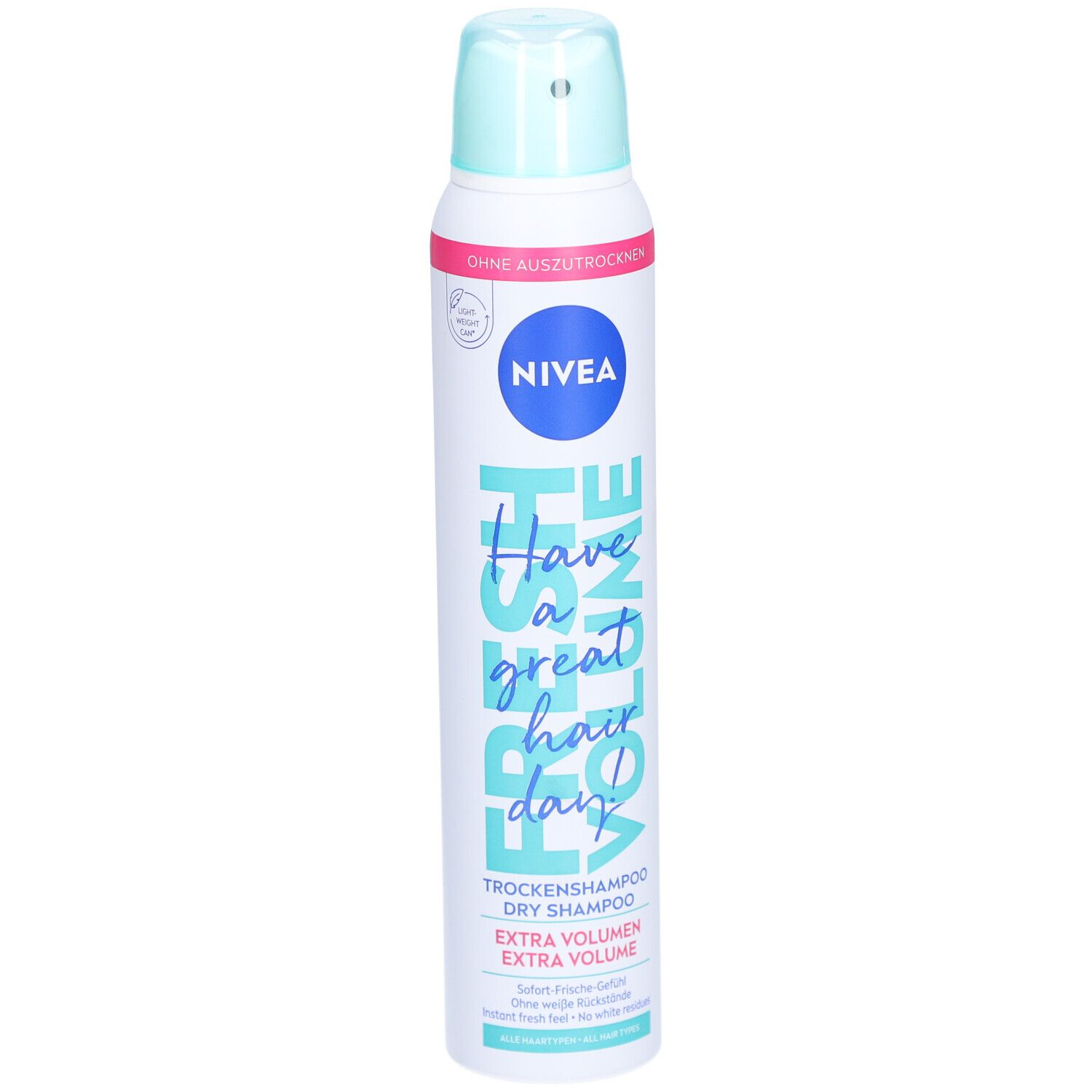 Bombe de shampooing sec. Blanc, bleu et rose. Logo Nivea et inscription 'Fresh Volume'.