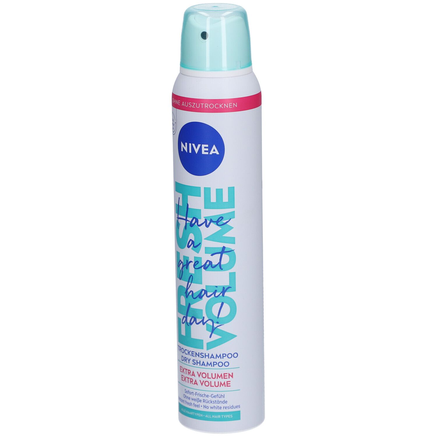 Bombe de shampooing sec. Blanc, bleu et rose. Logo Nivea et inscription 'Fresh Volume'.