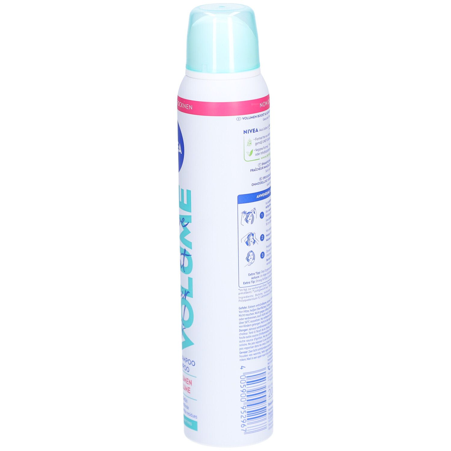 Bombe de shampooing sec. Dos avec texte et logos. Blanc, bleu et rose. Logo Nivea.