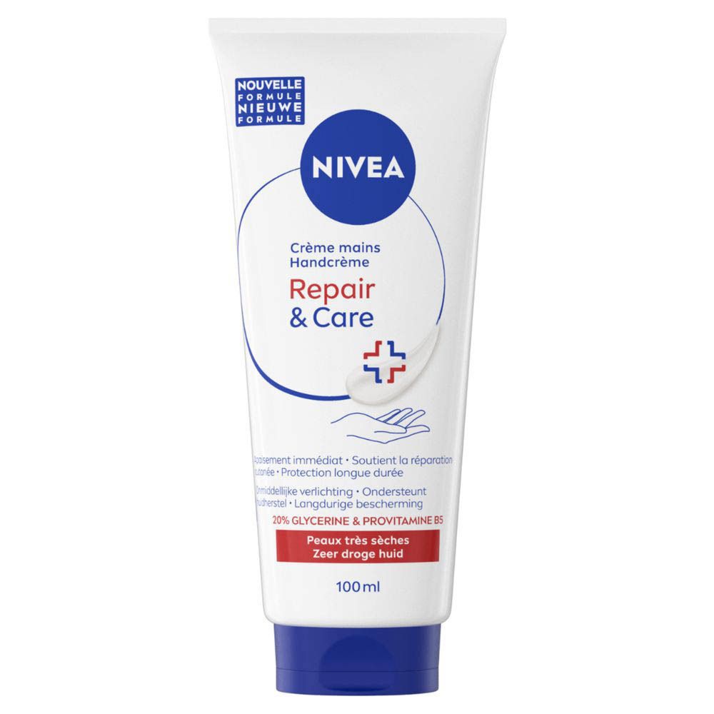 Nivea Handcrème Repair & Care tube met vermelding nieuwe formule en hand-kruis symbool.