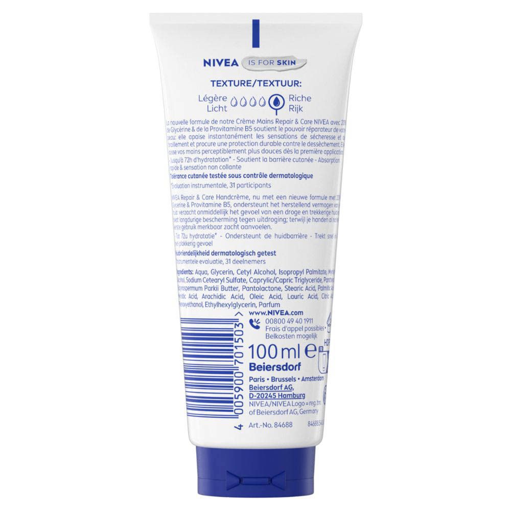 Achterkant van de Nivea Handcrème Repair & Care tube met textuur- en ingrediëntinformatie.