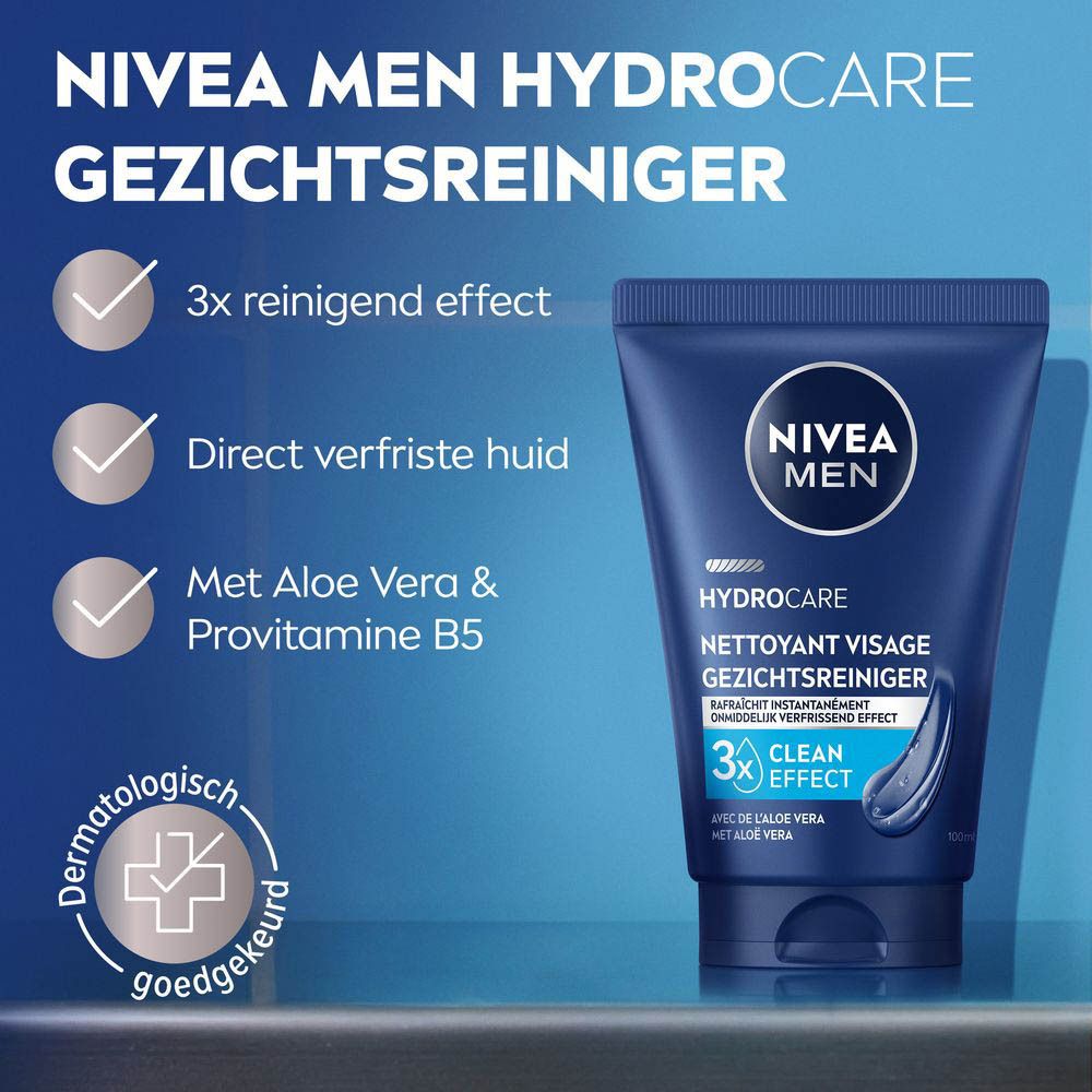 Productafbeelding met NIVEA MEN Hydrocare. Tekst in het Nederlands. 3x Clean Effect. Dermatologisch getest.