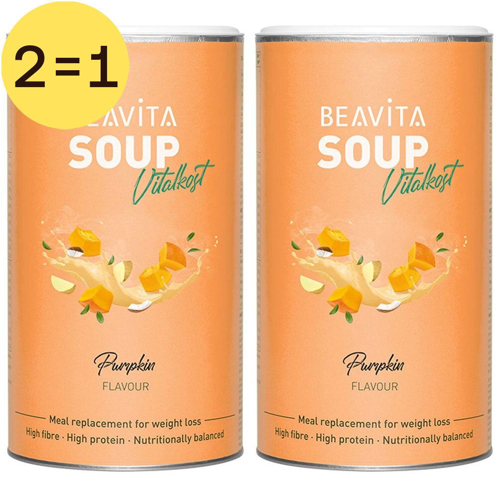 Twee blikken Beavita Vitalkost Pompoensoep. Opschrift: 2=1. Oranje blikken met productafbeelding en tekst.