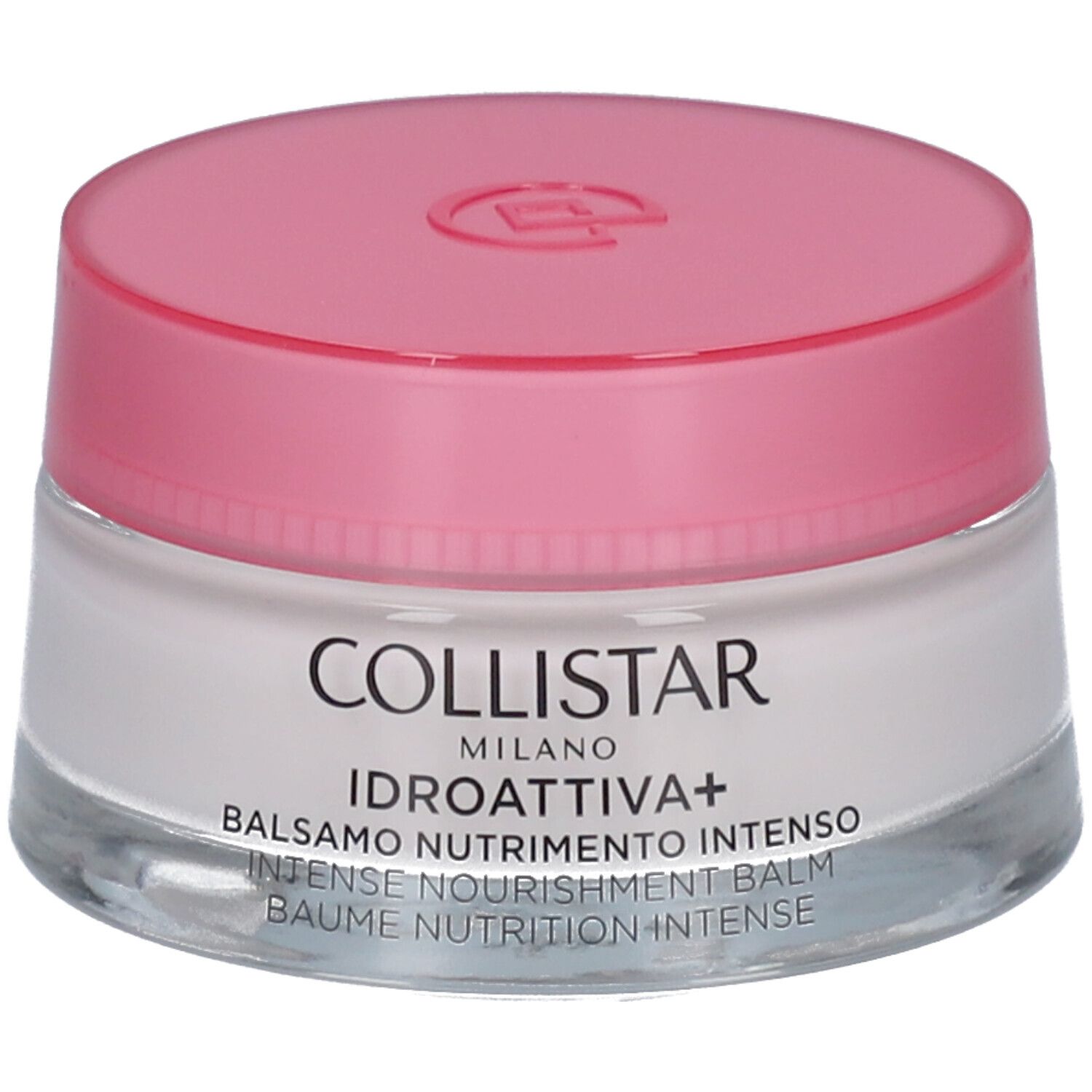 Crèmepot met roze deksel. Opschrift: Collistar, Idroattiva+, Balsamo Nutrimento Intenso.
