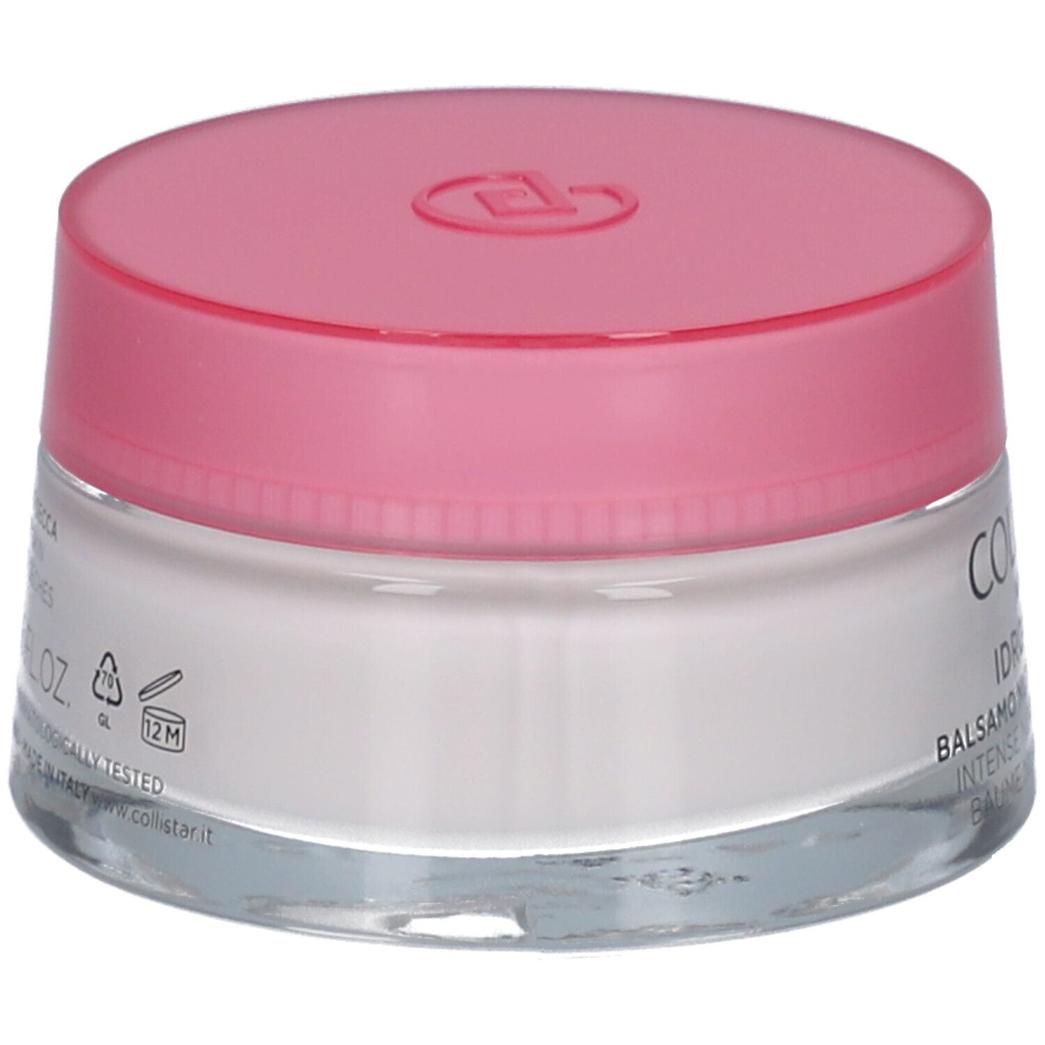 Crèmepot met roze deksel. Opschrift: Collistar, Idroattiva+, Balsamo Nutrimento Intenso.