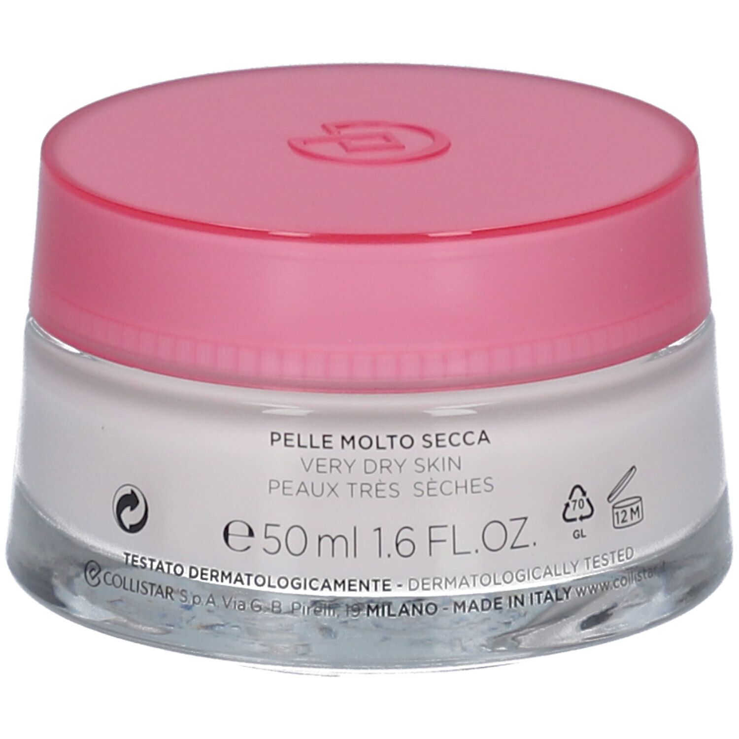 Crèmepot met roze deksel. Opschrift: Collistar, Idroattiva+, Balsamo Nutrimento Intenso. Voor zeer droge huid.