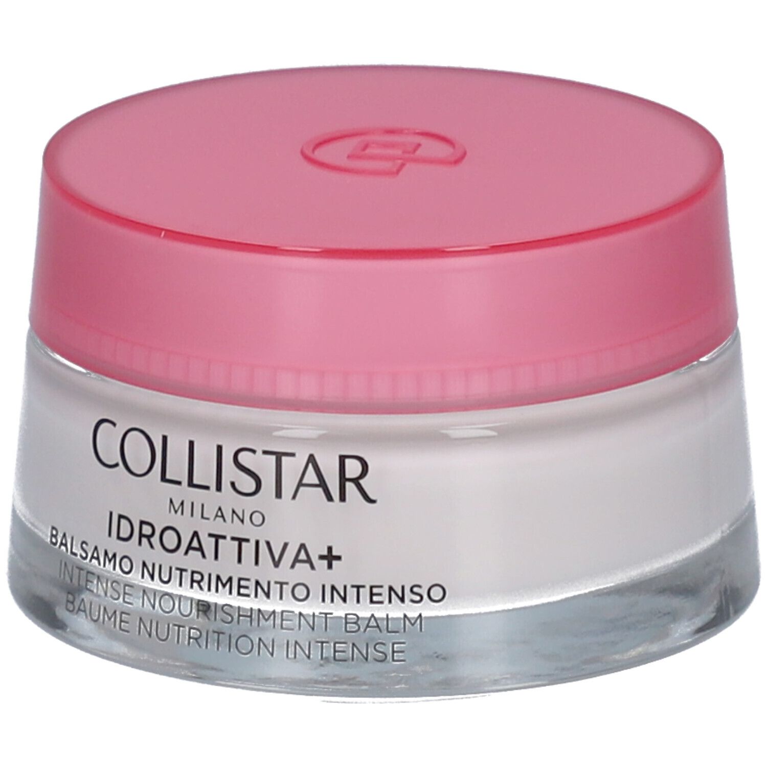 Crèmepot met roze deksel. Opschrift: Collistar, Idroattiva+, Balsamo Nutrimento Intenso.